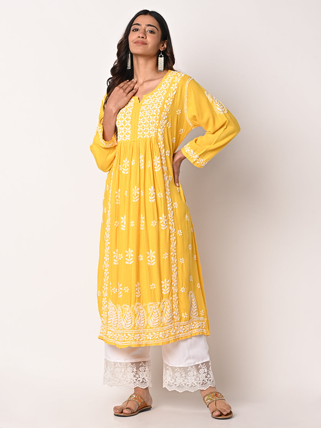 Appealing Ethnic Wear Yellow Colored Kurti And Palazzo Suits With Dupa –  Chandler Fashions
